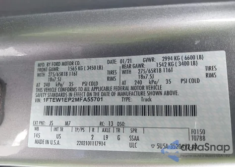 2021 Ford F-150 Xlt z USA, uszkodzony, nr VIN 1FTEW1EP2MFA55701